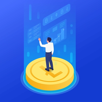 Cryptocurrency isometric concept with human character standing on coin against blue background 3d vector illustration