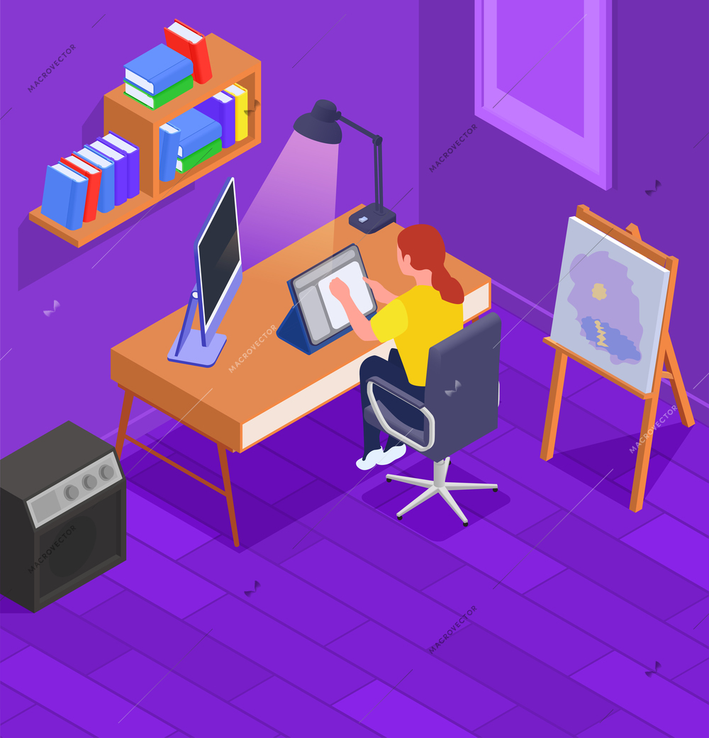 Hobby isometric background with woman web designer or artist working on tablet in her room with bookshelves and easel 3d vector illustration