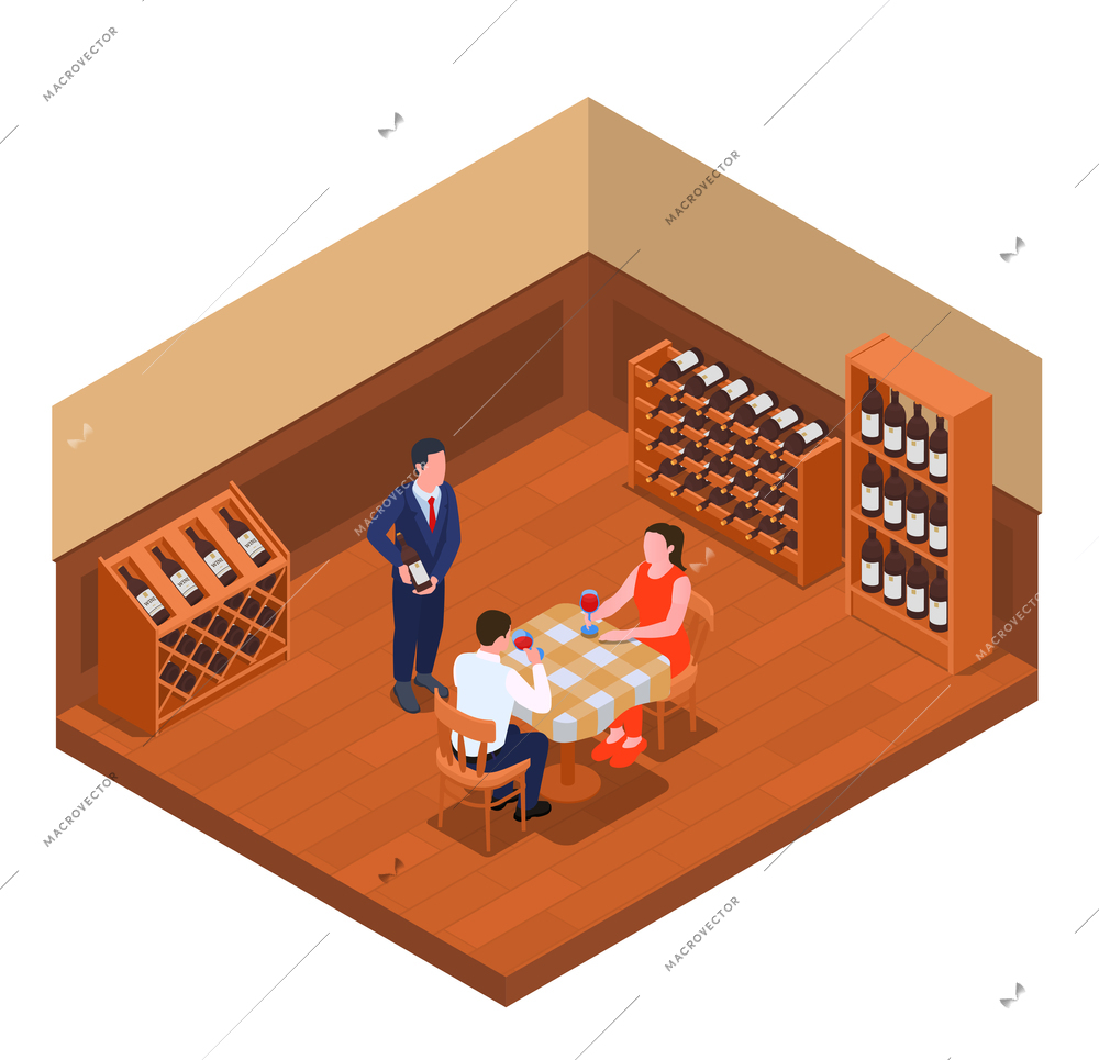 Couple tasting red wine and sommelier holding bottle isometric composition 3d vector illustration