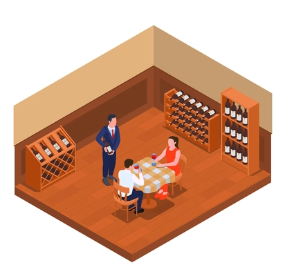 Couple tasting red wine and sommelier holding bottle isometric composition 3d vector illustration