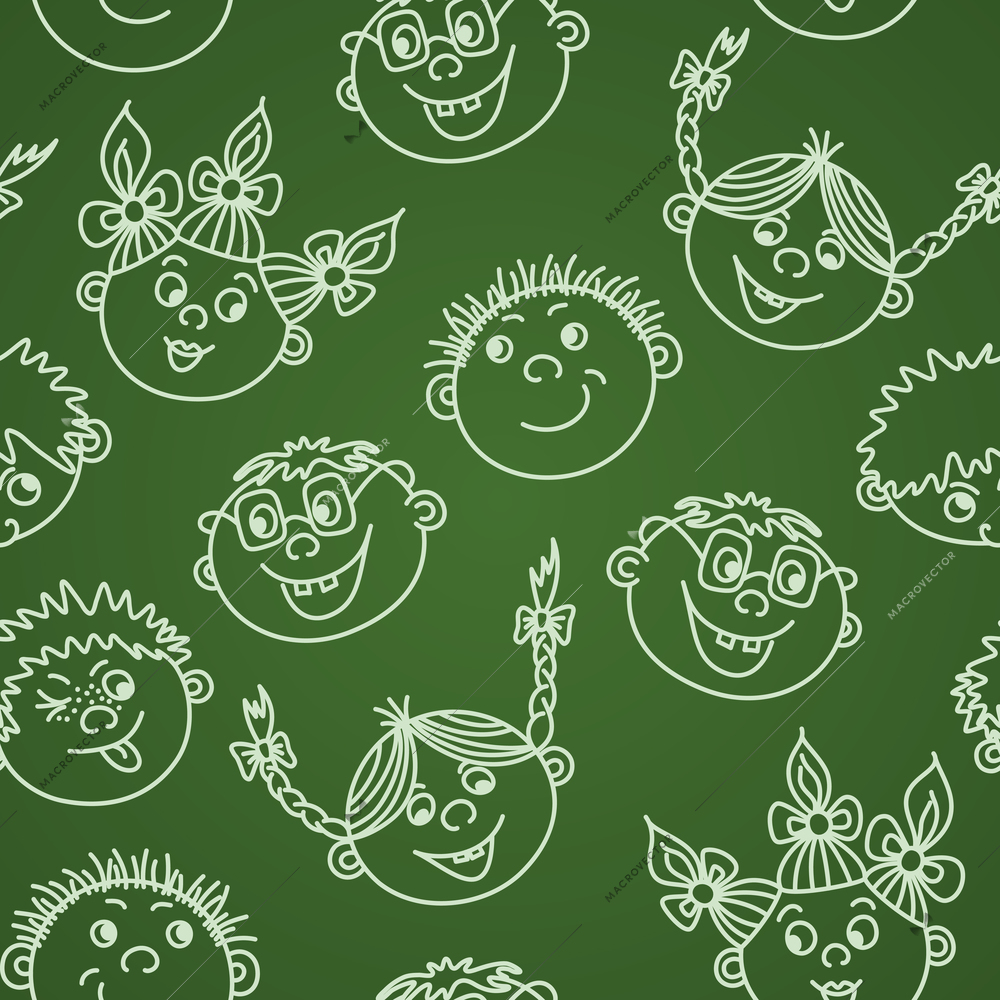 Seamless doodle smiling kids faces on chalkboard pattern vector illustration