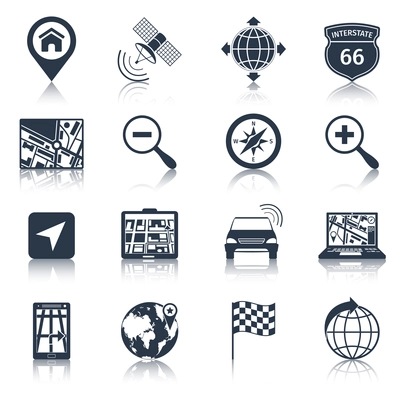 Navigation road traffic city drive icons black set isolated vector illustration
