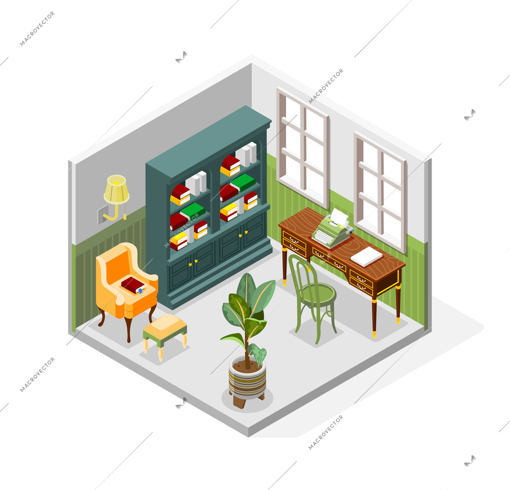 Antique interior isometric composition with book cabinet writing desk with chairs plant in pot and windows vector illustration