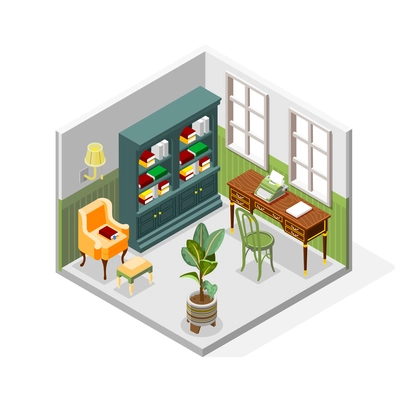 Antique interior isometric composition with book cabinet writing desk with chairs plant in pot and windows vector illustration