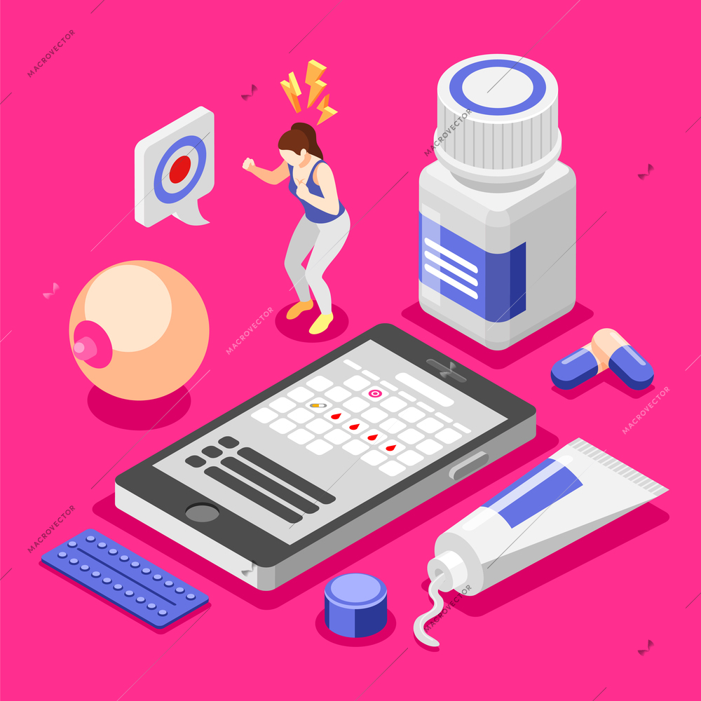 Pms woman isometric background with composition of anti stress aid with cream painkiller pills and calendar vector illustration