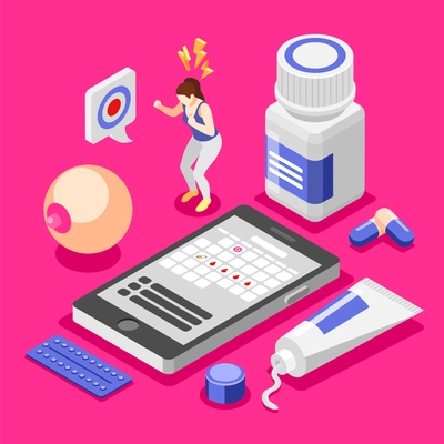 Pms woman isometric background with composition of anti stress aid with cream painkiller pills and calendar vector illustration
