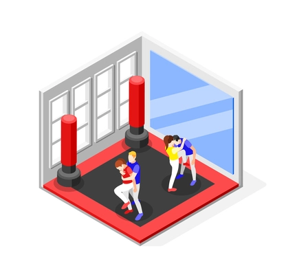 Self defense isometric composition with indoor view of gym training with human characters and punch bags vector illustration