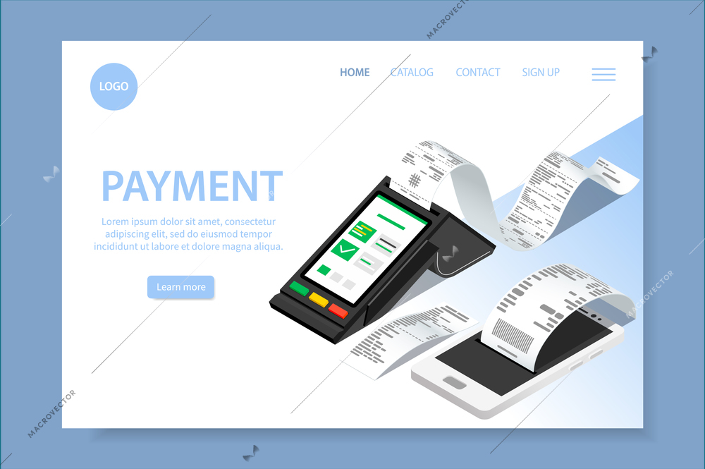 Receipt bill isometric web site landing page with clickable links editable text and images of payments vector illustration