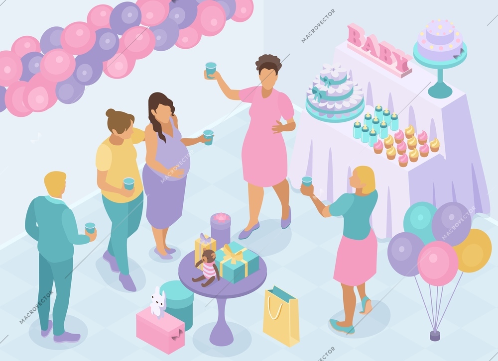 Isometric baby shower party composition with pregnant woman group of friends with drinks balloons and sweets vector illustration