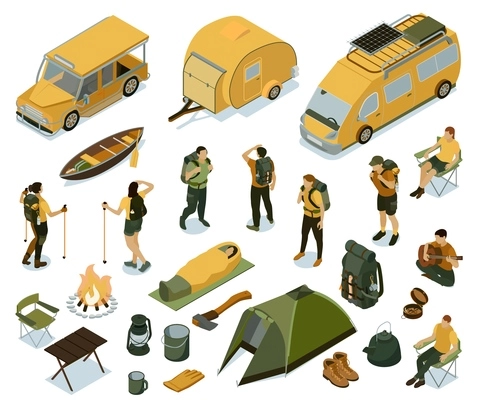 Isometric hiking set with isolated images of tourist equipment with camper van tent backpacks and people vector illustration