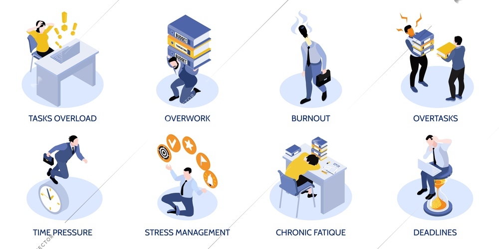 Business stress compositions set with deadlines symbols isometric isolated vector illustration