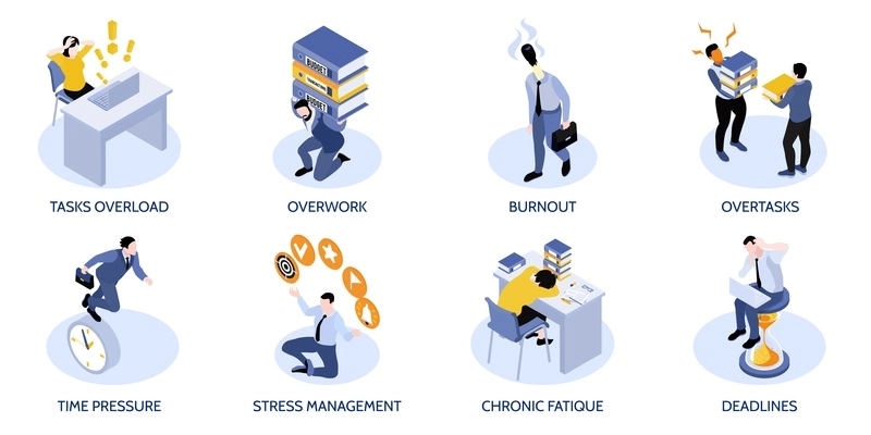 Business stress compositions set with deadlines symbols isometric isolated vector illustration