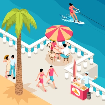 Isometric vacation sea composition with public promenade scenery with ice cream booth table umbrella and people vector illustration
