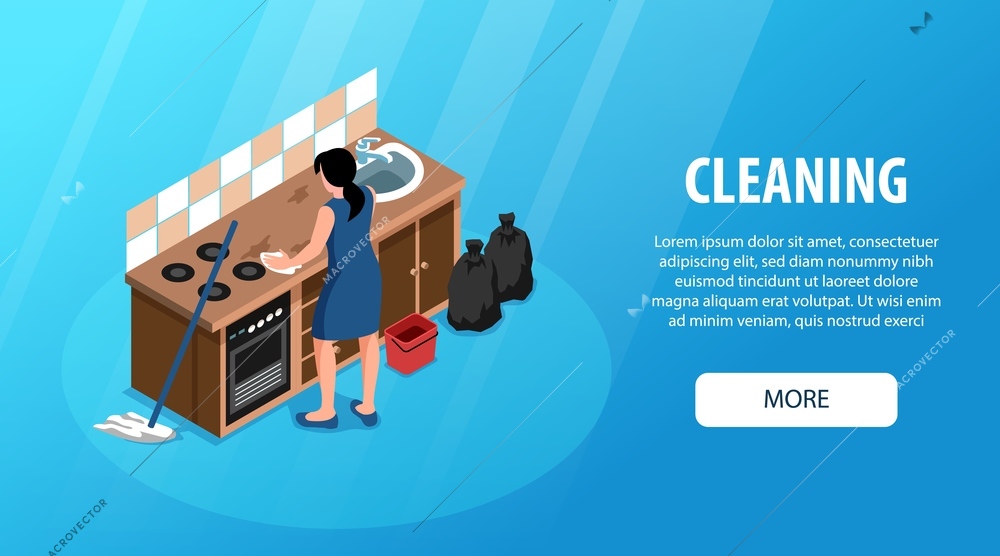 Isometric people cleaning home horizontal banner with woman in casual dress cleaning kitchen range with text vector illustration