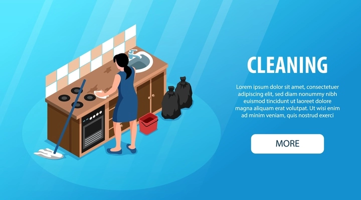 Isometric people cleaning home horizontal banner with woman in casual dress cleaning kitchen range with text vector illustration