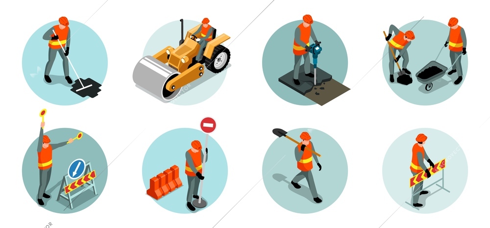 Set of isolated isometric road repair circle compositions with workers in uniform with tools traffic signs vector illustration