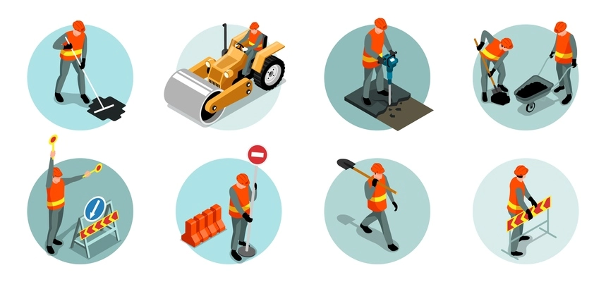 Set of isolated isometric road repair circle compositions with workers in uniform with tools traffic signs vector illustration