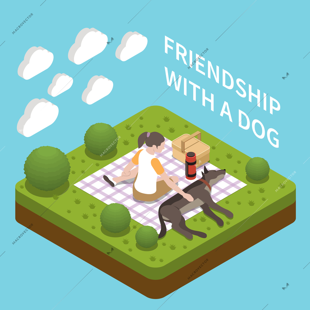 Dog sitter walker isometric composition with friendship symbols vector illustration