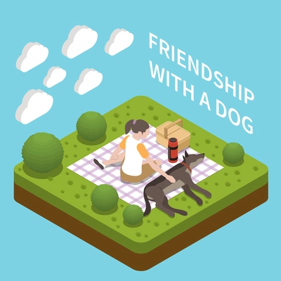 Dog sitter walker isometric composition with friendship symbols vector illustration