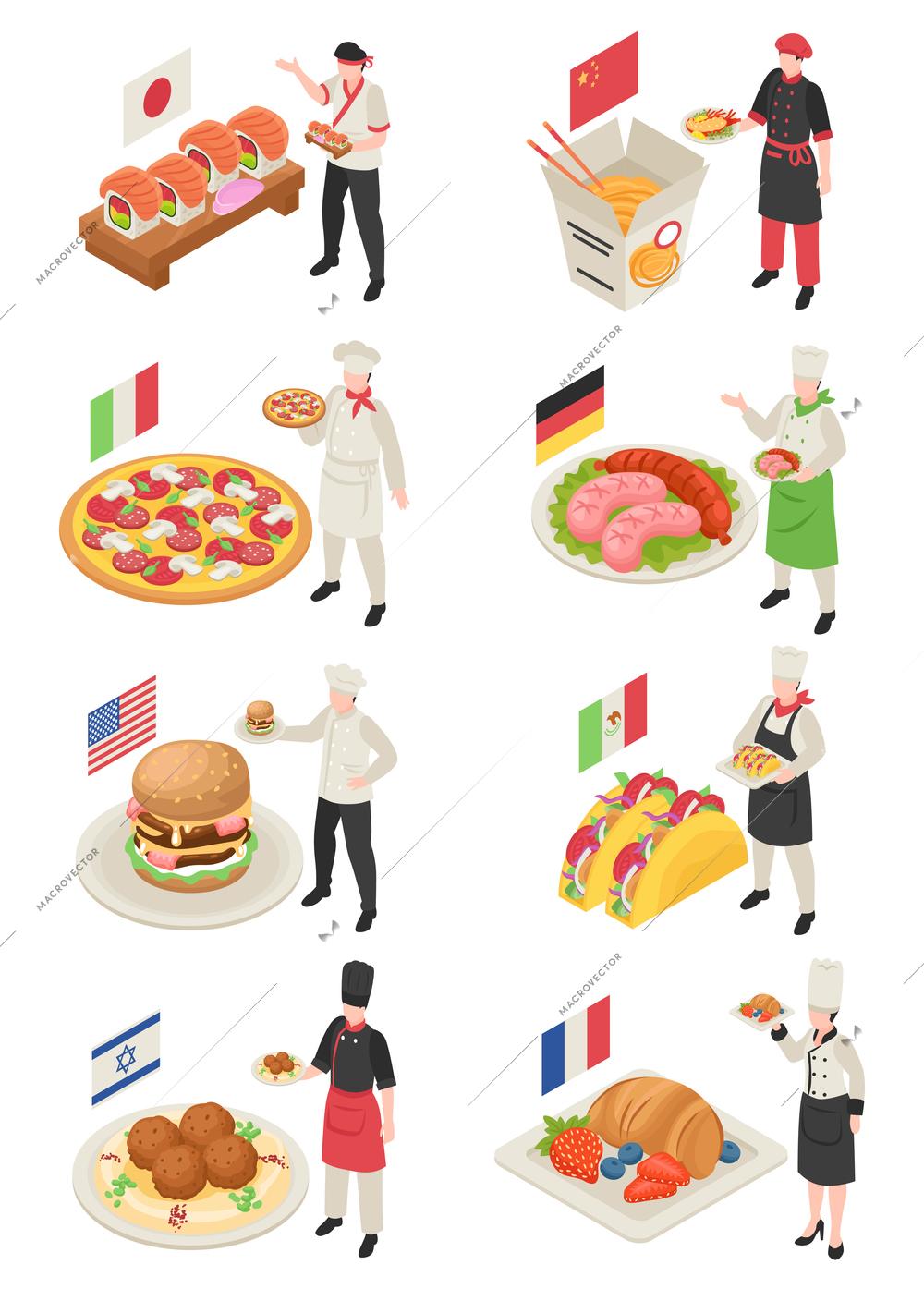 Traditional world cuisine isometric set of usa burger japanese sushi mexican tacos italian pizza chinese noodle french croissant german sausages isolated vector illustration