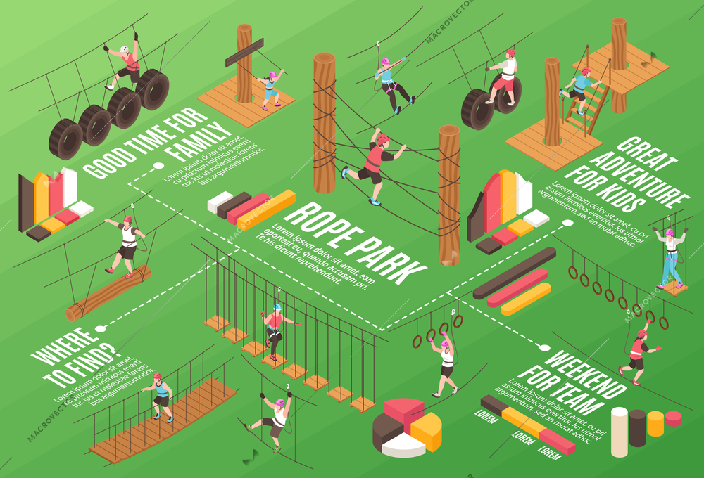 Rope park horizontal infographics background depicting people spending weekend outdoor with family and friends isometric vector illustration