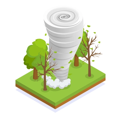 Powerful tornado hits forest 3d isometric composition vector illustration