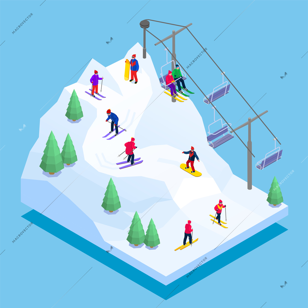 Winter sports composition with people snowboarding and skiing downhill using ski lift on blue background 3d isometric vector illustration