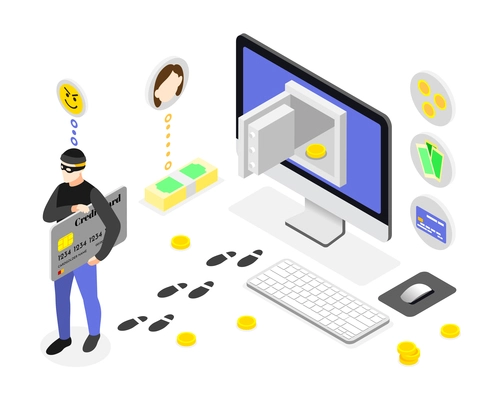 Banks scammers isometric composition with robber carrying stolen credit card from safe box in computer screen vector illustration