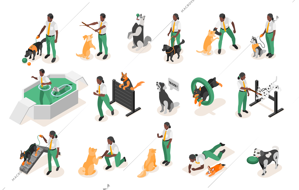 Set with isolated dog school isometric recolor icons with human characters of dog trainers in uniform vector illustration