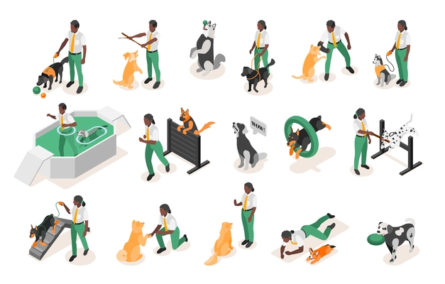 Set with isolated dog school isometric recolor icons with human characters of dog trainers in uniform vector illustration