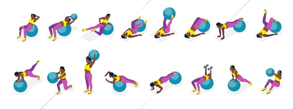 Fitness ball workout isometric recolor set of isolated icons with black woman character practicing various exercises vector illustration