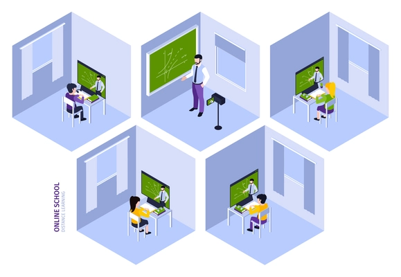 Isometric distance learning composition with maths teacher recording lecture and children watching it online at their homes 3d vector illustration