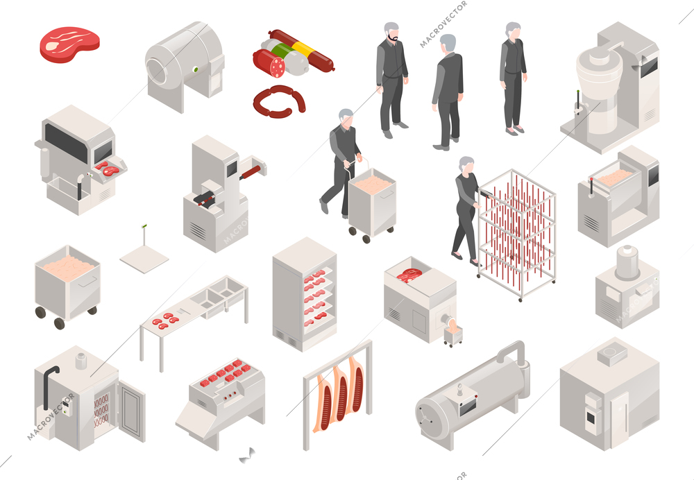 Meat production isometric set with factory workers industrial equipment raw and finished products 3d isolated vector illustration