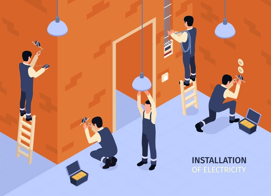 Group of technicians in uniform installing electrical equipment in house 3d isometric vector illustration