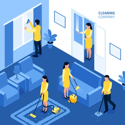 Cleaning company isometric background with team of employees in uniform working with different cleaning gadgets in living room vector illustration