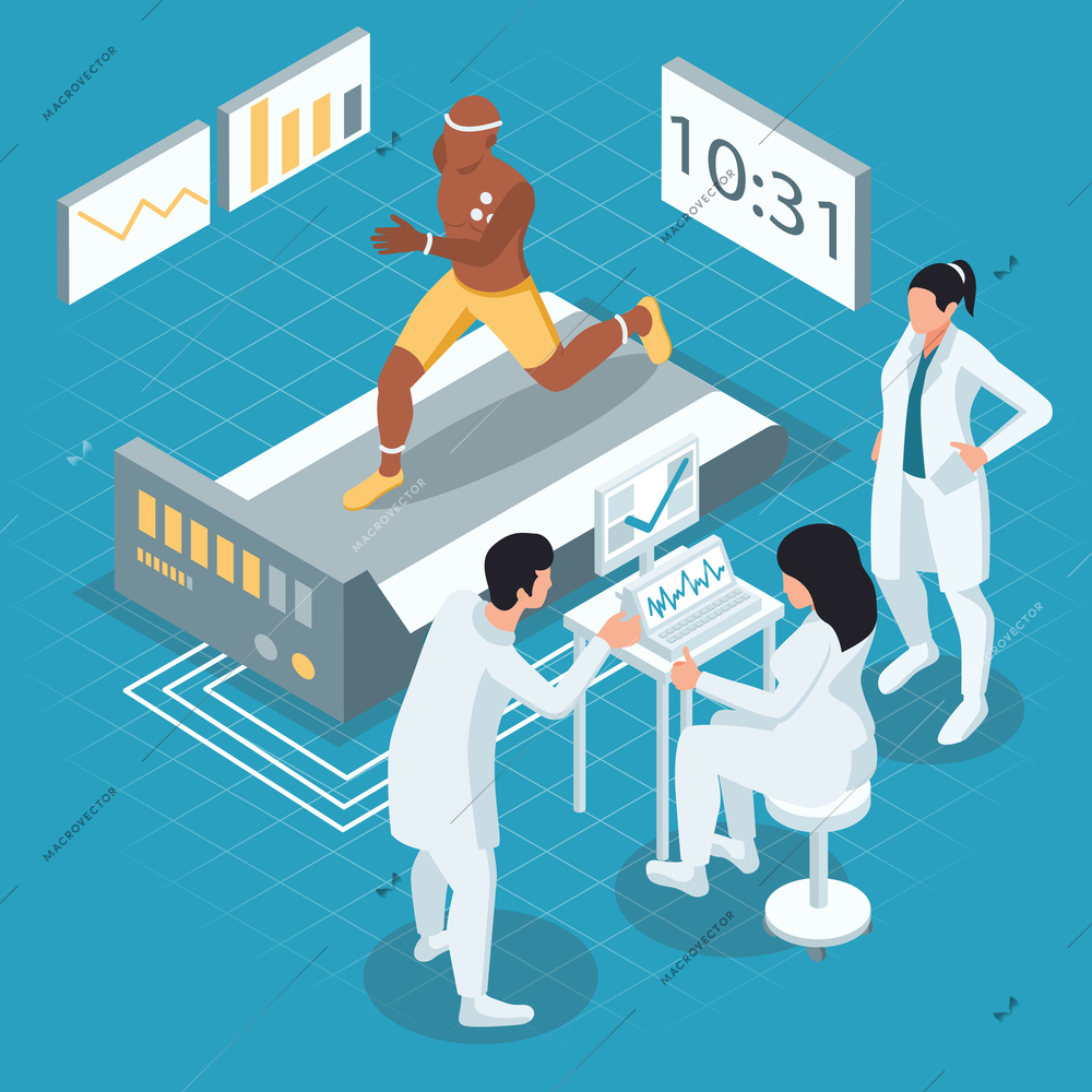 Sportsman athletics science isometric composition with characters of doctors scientists collecting data from running athlete sensors vector illustration