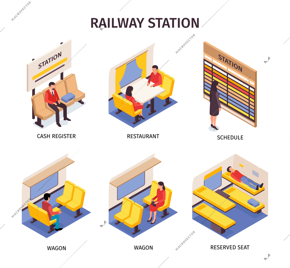 Railway station design concept set of cash register schedule reserved seat wagon restaurant isolated compositions isometric vector illustration