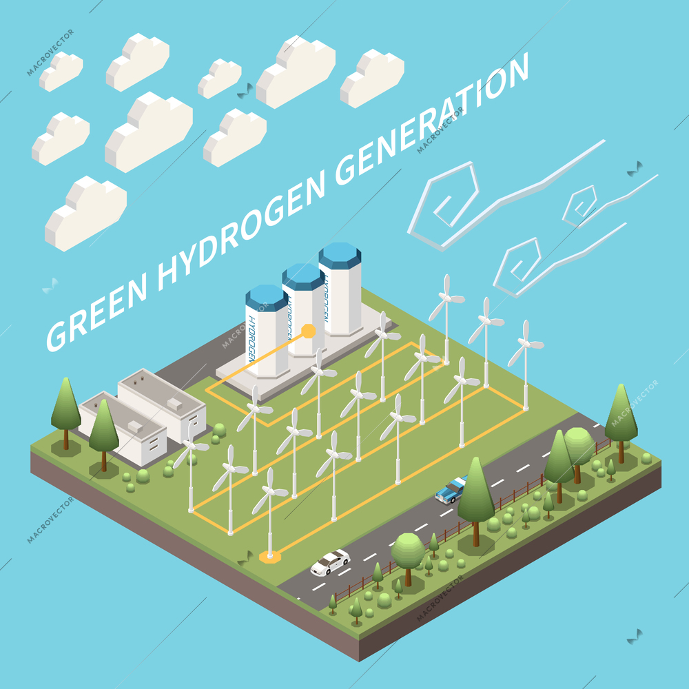 Renewable energy sources wind solar hydro isometric composition with hydrogen sustainable green electricity fuel generation vector illustration