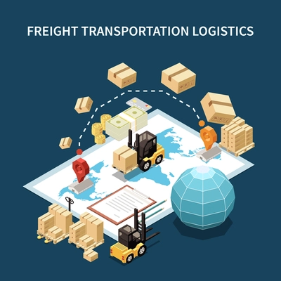 Procurement logistic sourcing purchasing storing organizing worldwide   transportation materials to from warehouse background isometric composition vector illustration