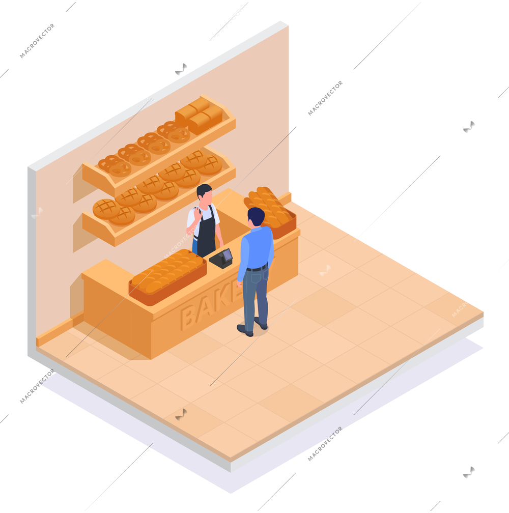 Small business owner family business colored isometric concept with bakery seller and visitor vector illustration
