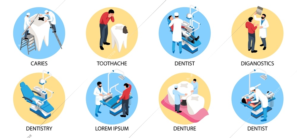 Dentist isometric design concept set of diagnostics toothache caries denture round icons isolated vector illustration