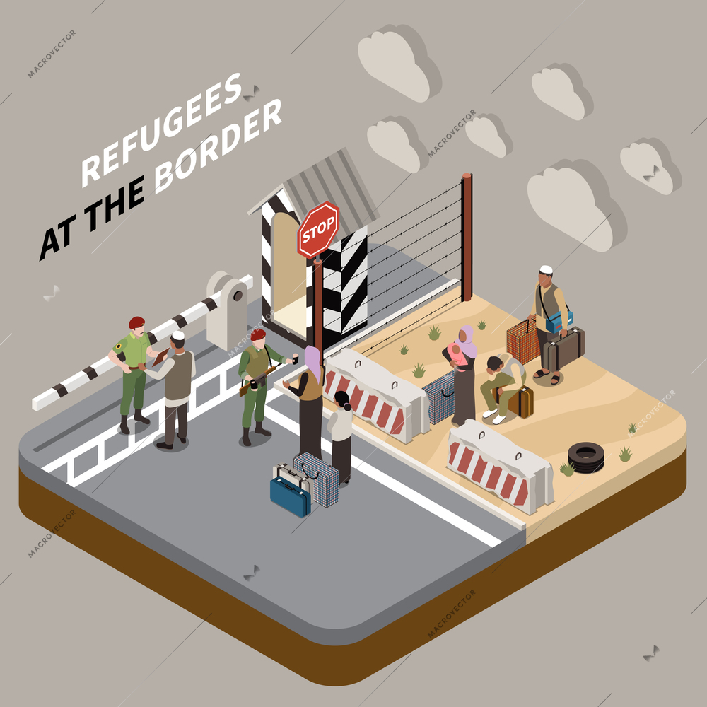 Refugees at the border isometric vector illustration with border guards checking documents of immigrants family