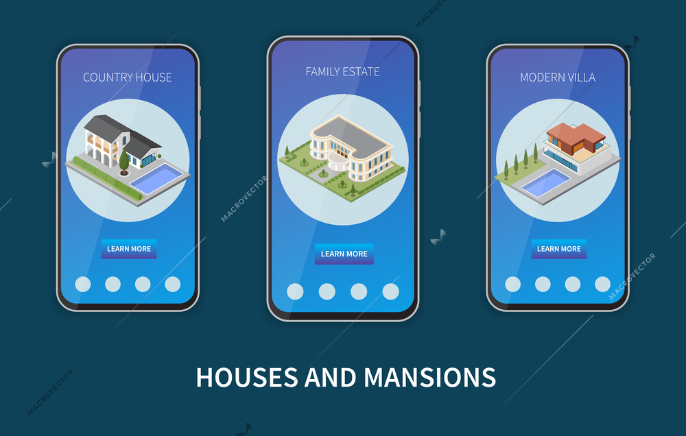 Houses and mansions isometric composition with information about family estate in mobile app for smartphone vector illustration