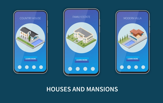 Houses and mansions isometric composition with information about family estate in mobile app for smartphone vector illustration