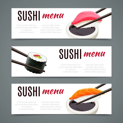 Sushi menu banners horizontal with salmon roll and chopsticks isolated vector illustration