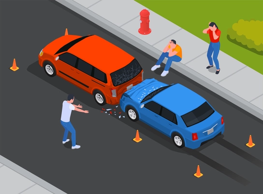 Two private cars collision accident with furious driver and crying passengers sitting on pavement isometric vector illustration