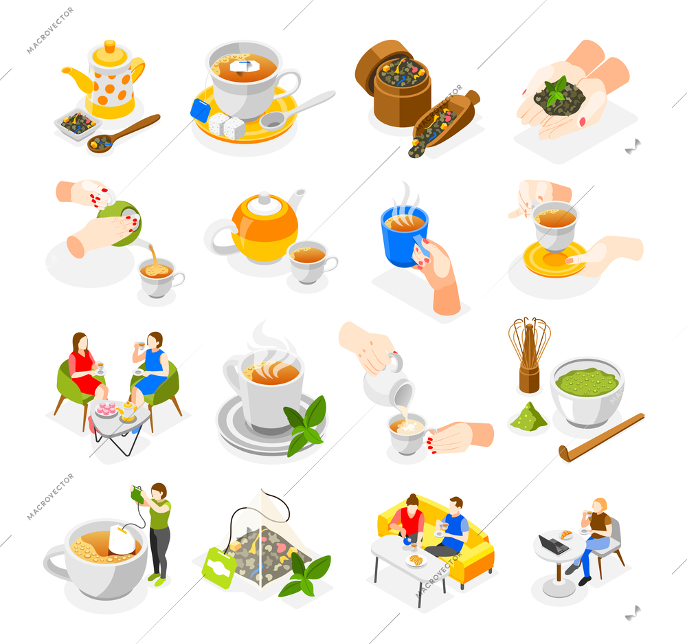 Tea day icons set with green red and herbal tea isometric isolated vector illustration