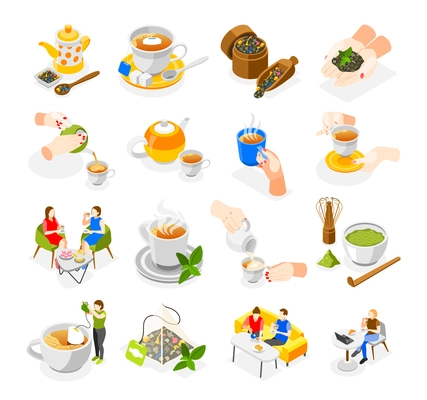 Tea day icons set with green red and herbal tea isometric isolated vector illustration