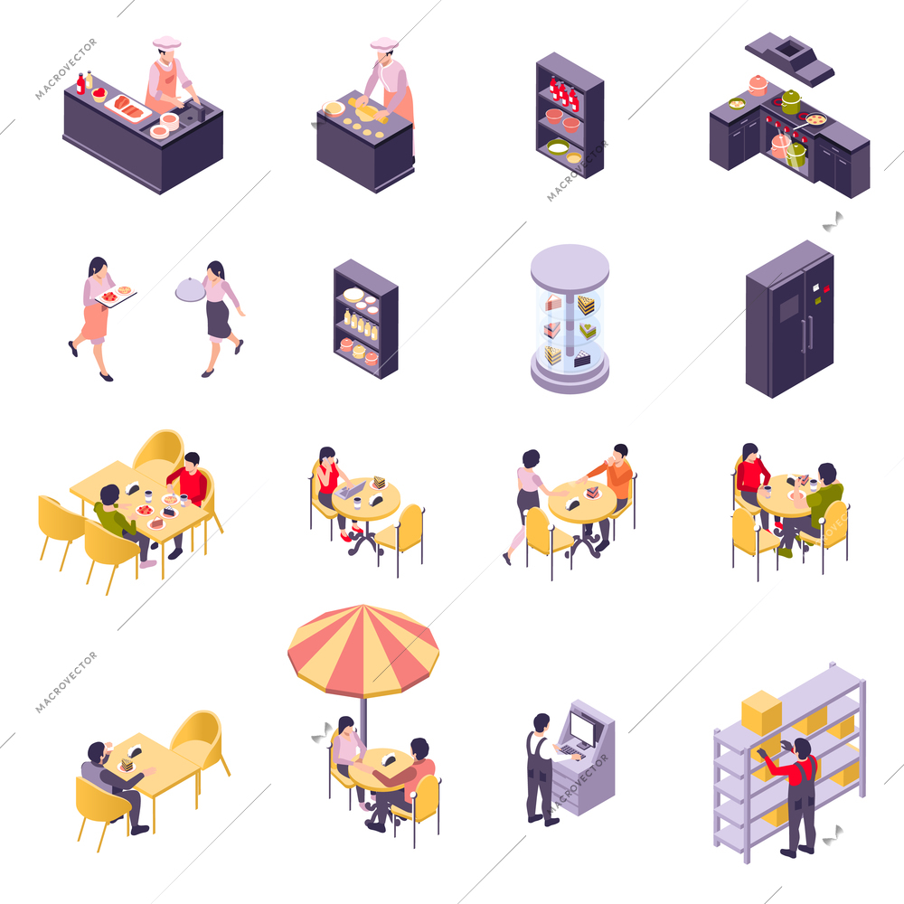 Restaurant cafe isometric icon set racks with boxes in warehouse, counters and tables for cooks racks and display cases with food tables for cafe visitors and street umbrellas vector illustration