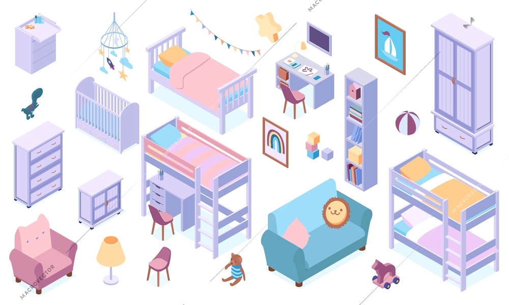 Isometric children room interior furniture set with bed desk shelving unit chest of drawers cot toys lamp wardrobe isolated on white background 3d vector illustration